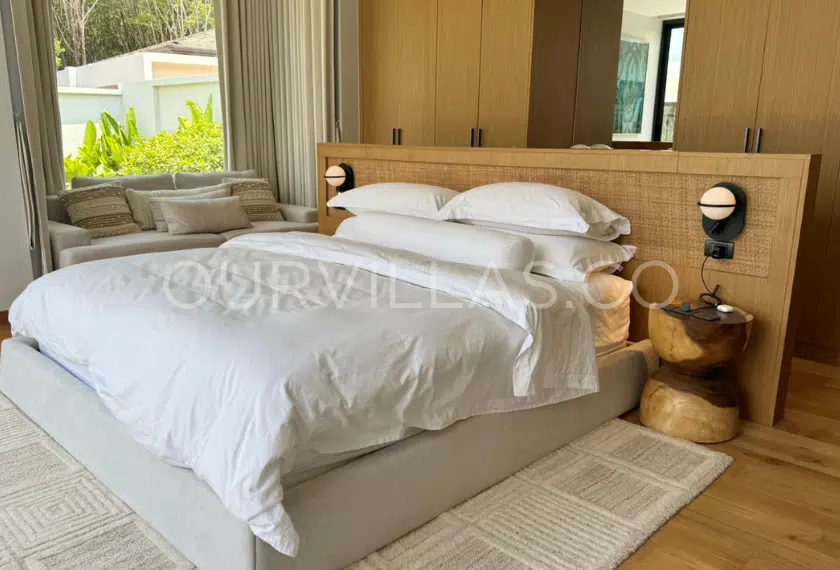 Elegant bedroom with natural wood decor.