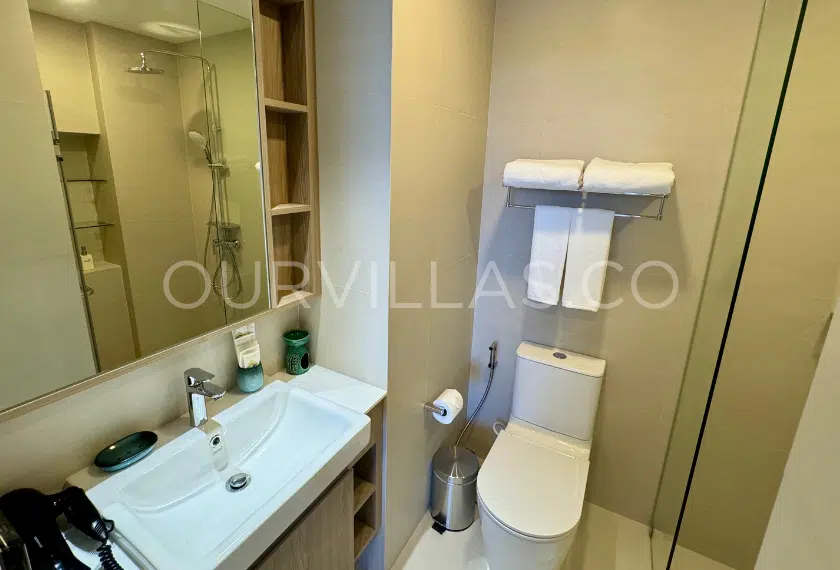 Modern bathroom with a glass shower and vanity.
