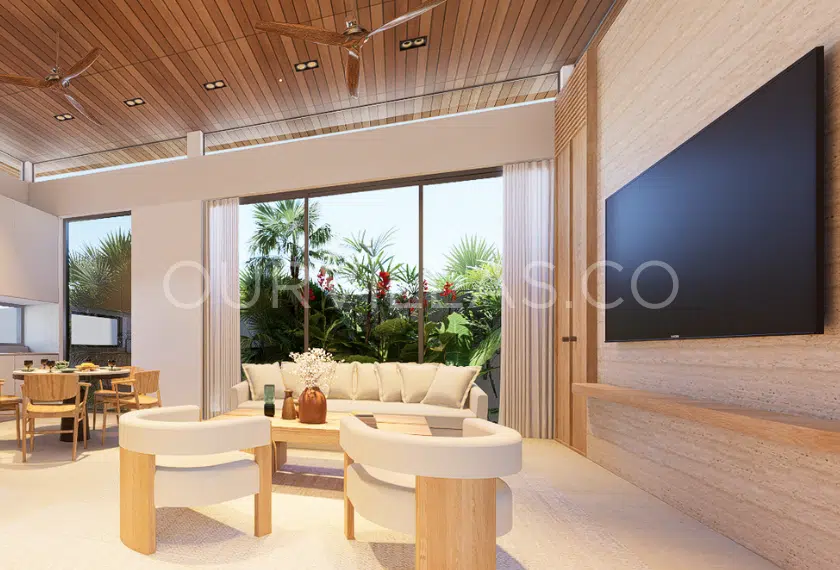 Living area with TV wall and tropical backdrop