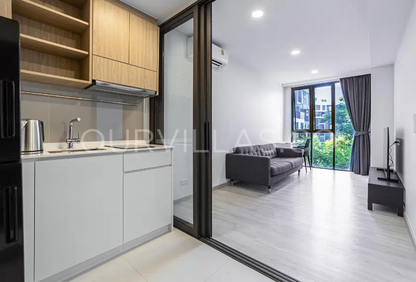 Compact modern living area with kitchen