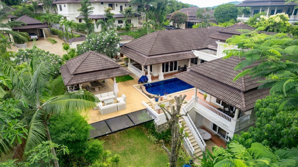 Aerial view of private pool villa and garden pavilions