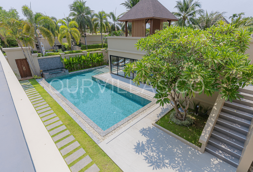 Private Family Villa Near Bang Tao Beach: Aerial view of luxury villa with private pool and garden